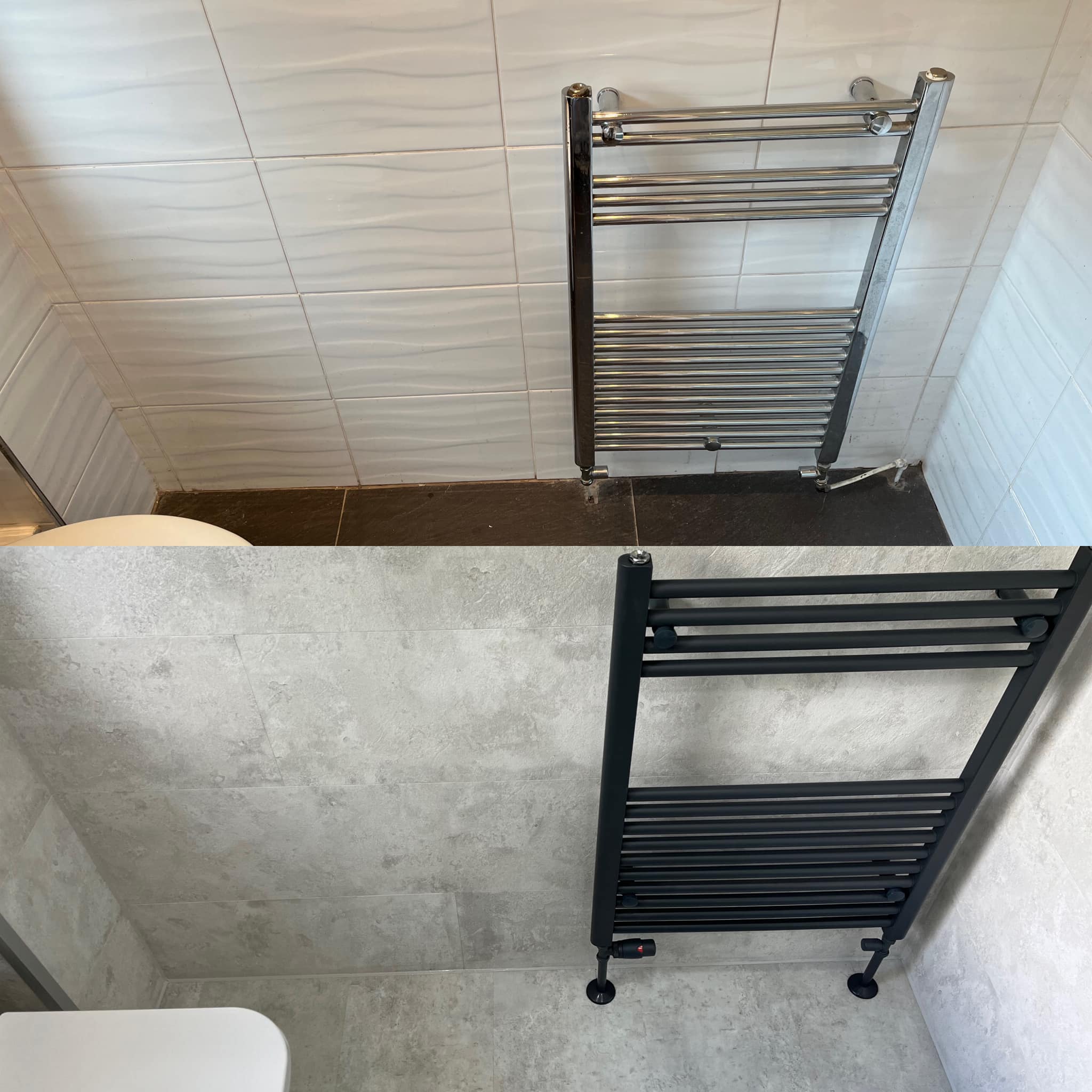 Before and after radiator in a new bathroom